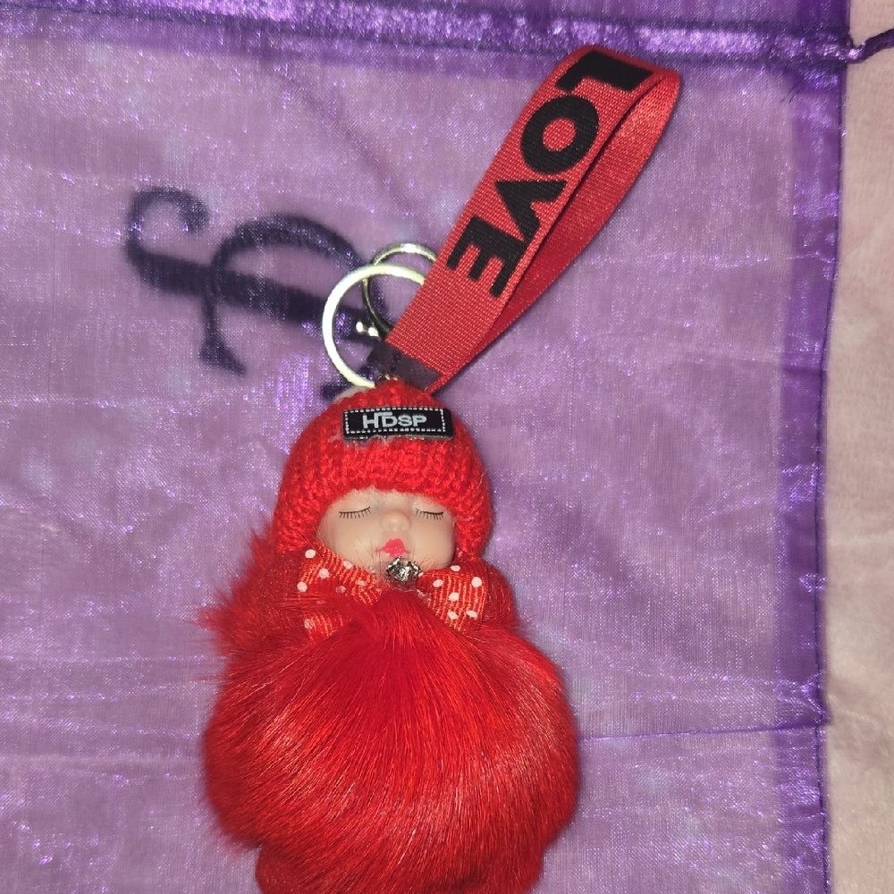 Red Pom-Pom Doll Keychain with Love Strap